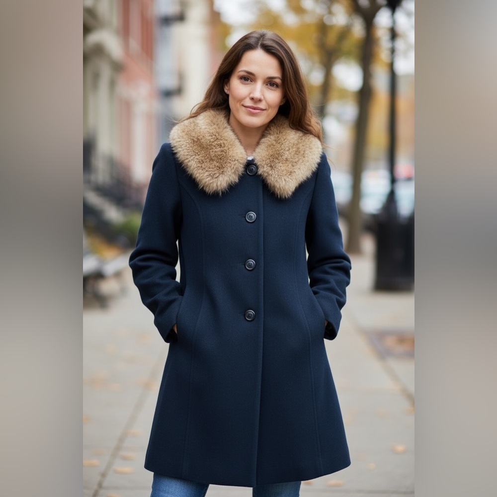 Chic Navy Pea Wool Coat with Fur Collar - Size XL